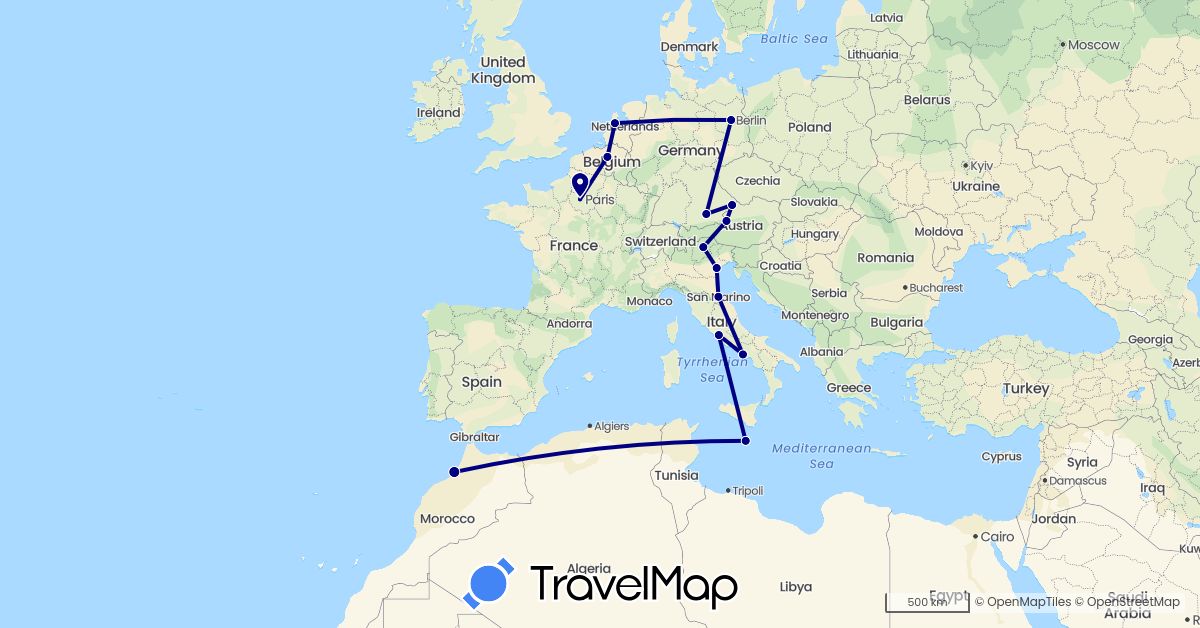TravelMap itinerary: driving in Austria, Belgium, Germany, France, Italy, Morocco, Malta, Netherlands, San Marino (Africa, Europe)